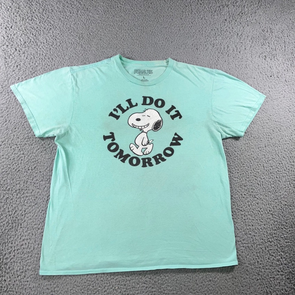 Peanuts Graphic T-Shirt L Snoopy I'll Do It Tomorrow Mint Green Skater 90 Grunge